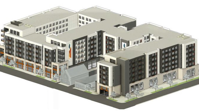 A birds eye view rendering of the apartment building that will surround the former People's AME Zion church (Photo by City of Syracuse)