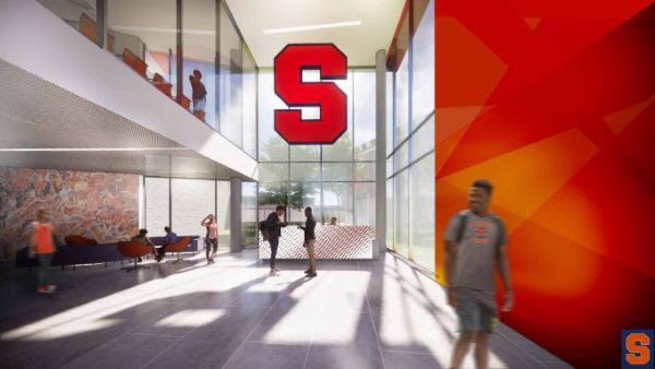 Lally Athletics Complex Rendering Phase 1, Lobby with students walking