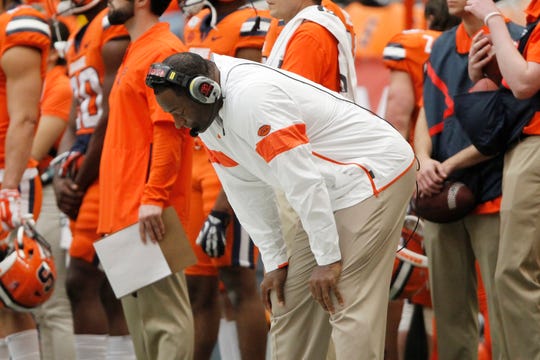 Syracuse head coach Dino Babers reacts on the sidelines in the fourth quarter of last Saturday's 58-27 loss to Boston College last Saturday. Babers fired defensive coordinator Brian Ward the next day.