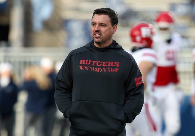 Nov 30, 2019; University Park, PA, USA; Rutgers Scarlet Knights interim head coach Nunzio Campanile walks on the field during a warmup prior to the game against the Penn State Nittany Lions at Beaver Stadium. Mandatory Credit: Matthew O'Haren-USA TODAY Sports