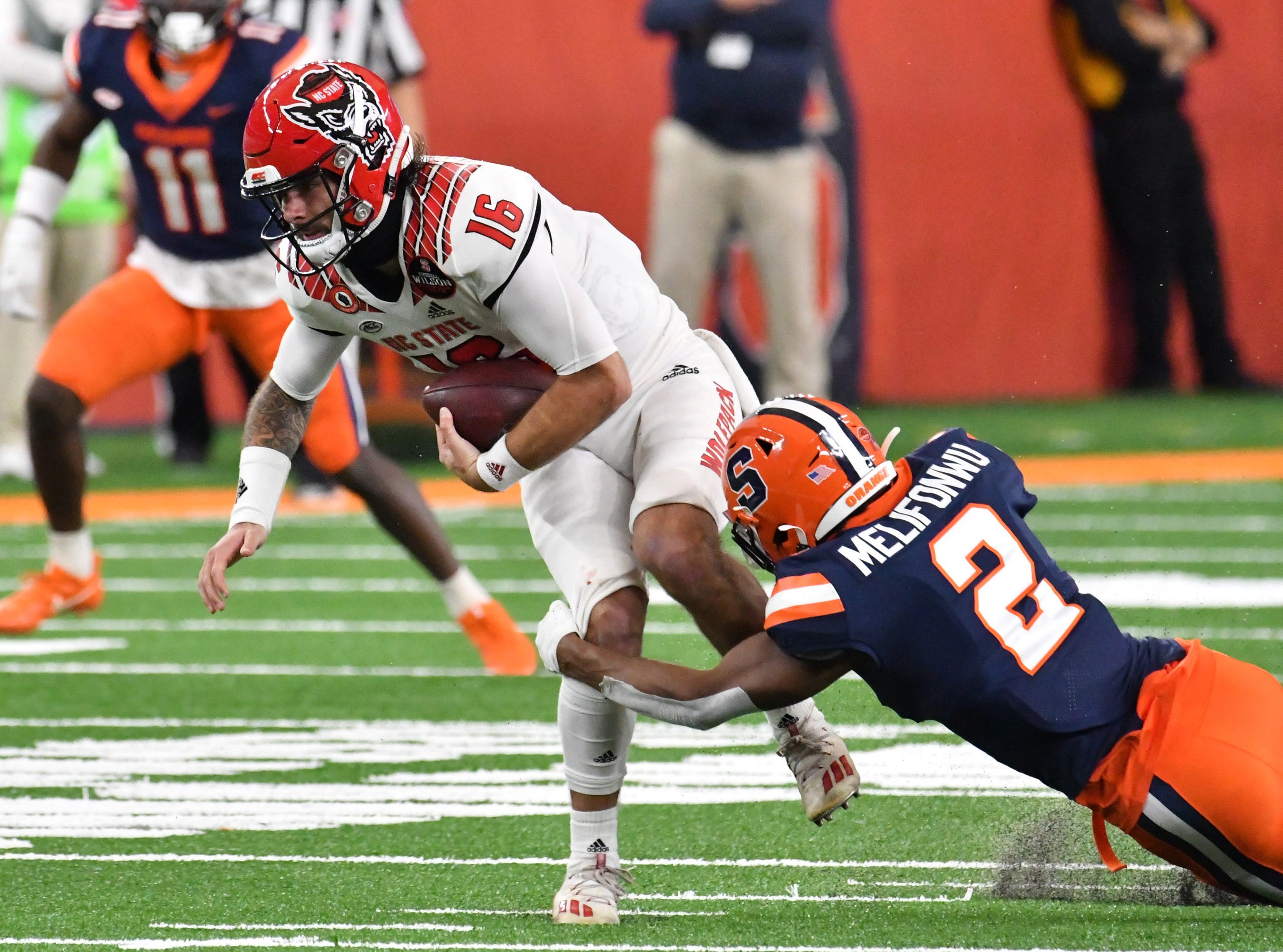 Syracuse defensive back Ifeatu Melifonwu sacks North Carolina State quarterback Bailey Hockman during the second quarter of a game last month at the Carrier Dome.