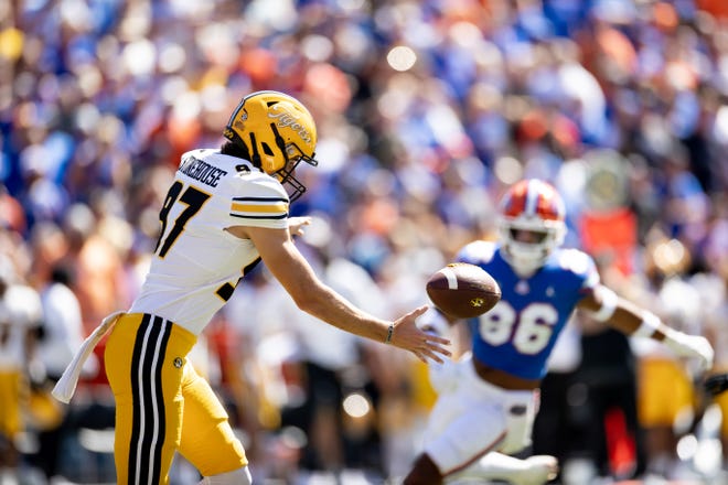 Missouri punter Jack Stonehouse (97) punts the ball during the first half against Florida on Oct. 8 at Steve Spurrier Field at Ben Hill Griffin Stadium in Gainesville, Fla.