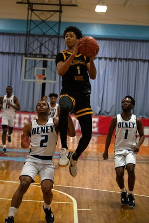 Archbishop Wood junior Jalil Bethea goes up for a shot at Father Judge High School in Philadelphia on Wednesday, March 1, 2023. Archbishop Wood defeated Olney High School in the District 12 third-place game, 88-47.