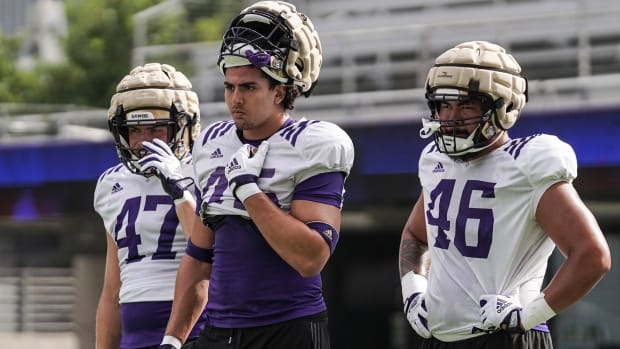 Edge rushers Gage Harty (47), Maurice Heims (45) and Sekai Afoa-Asoau (46) await their turn. Edge rushers Gage Harty (47), Maurice Heims (45) and Sekai Afoa-Asoau (46) await their turn.
